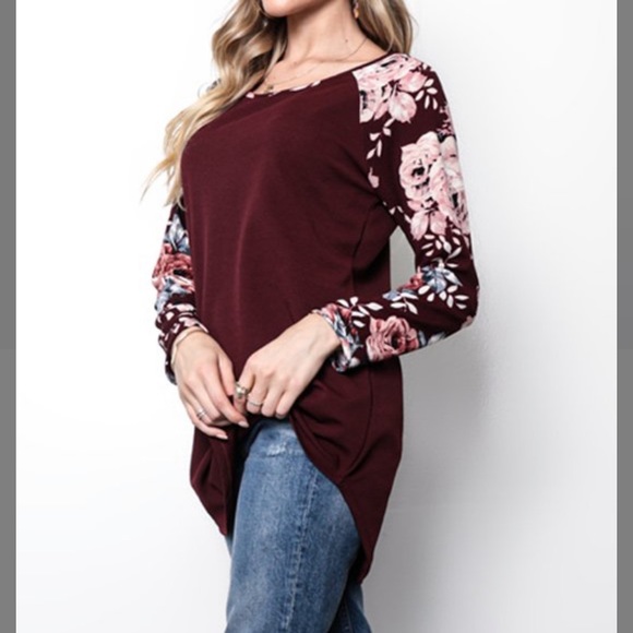Burgundy Floral-Sleeve Crewneck - Picture 3 of 5